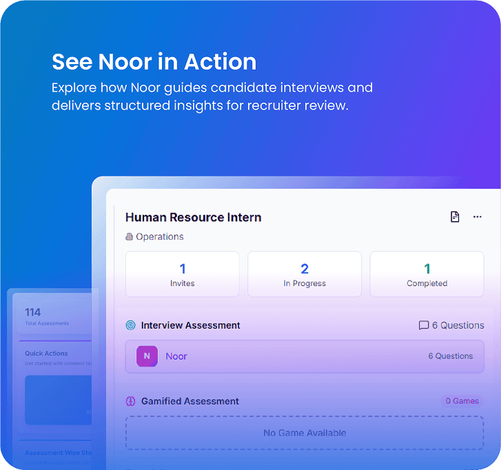 Screenshot of Noor AI platform showcasing candidate interview and assessment tools.
