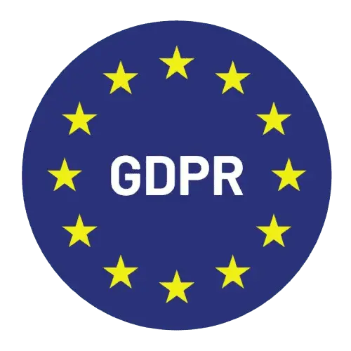 GDPR logo with yellow stars on a blue circle for data privacy compliance.